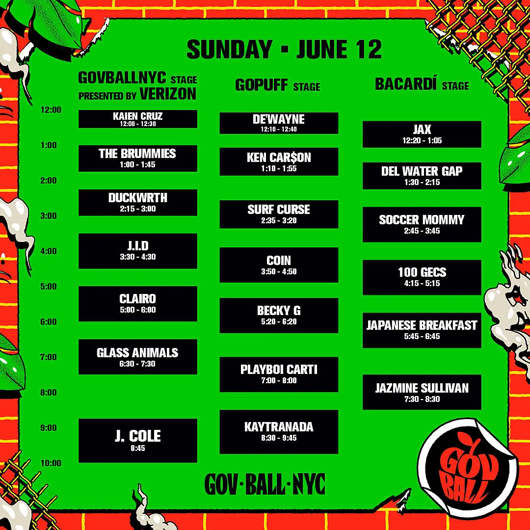 Governors Ball official live stream schedule, Sunday June 12 2022