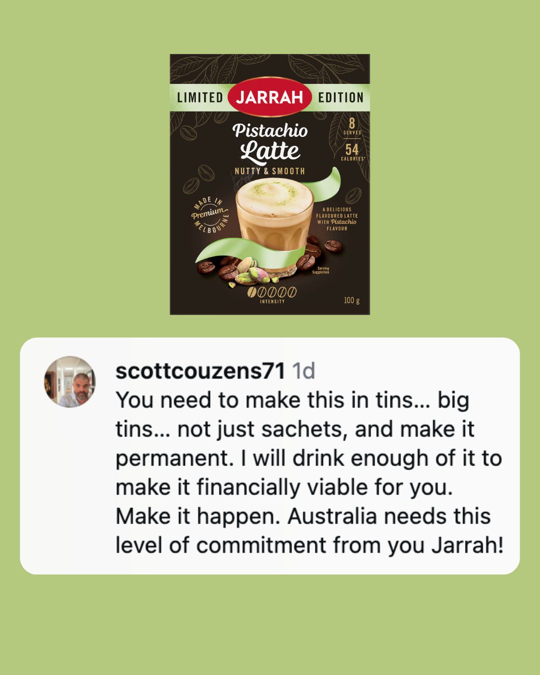 Jarrah social post: Pistachio latte comment post