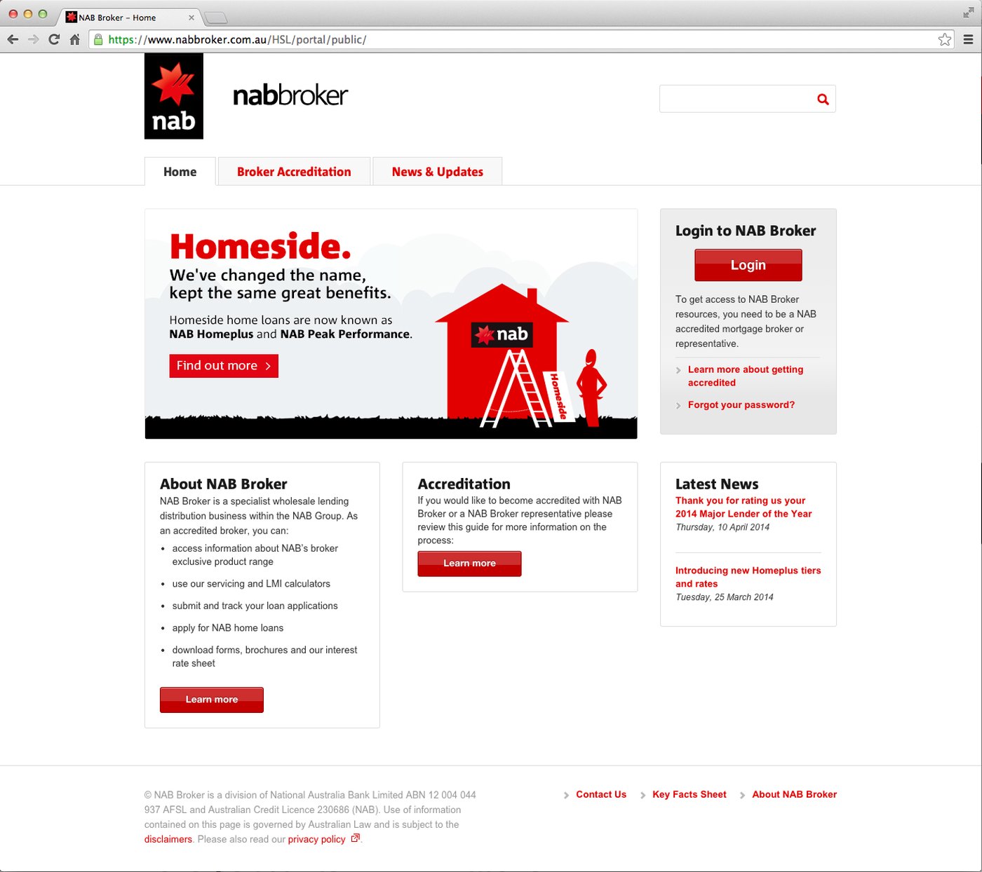 NAB Broker Homeside home loans web page