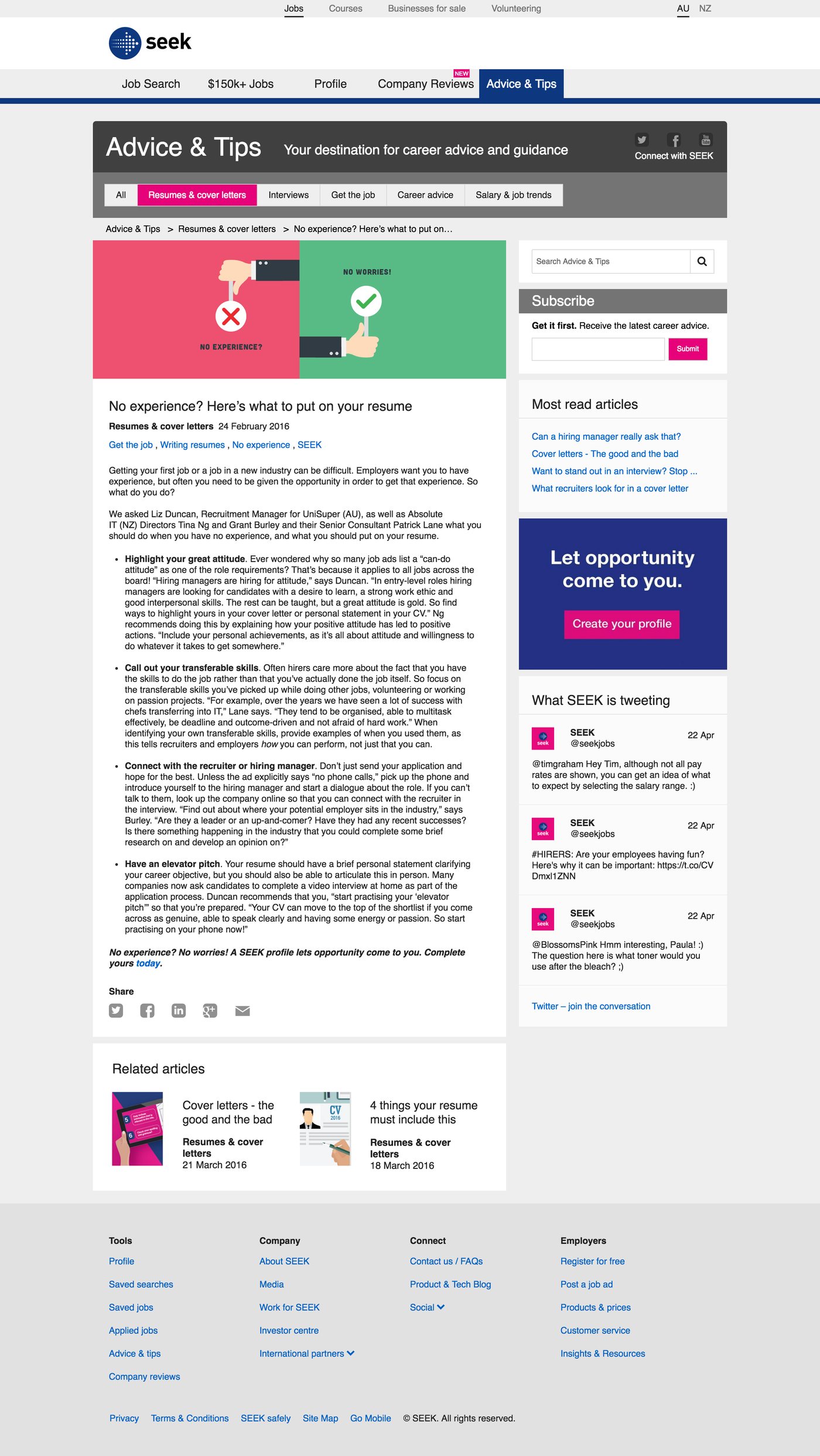 SEEK blog post: No experience? Here's what to put on your resume