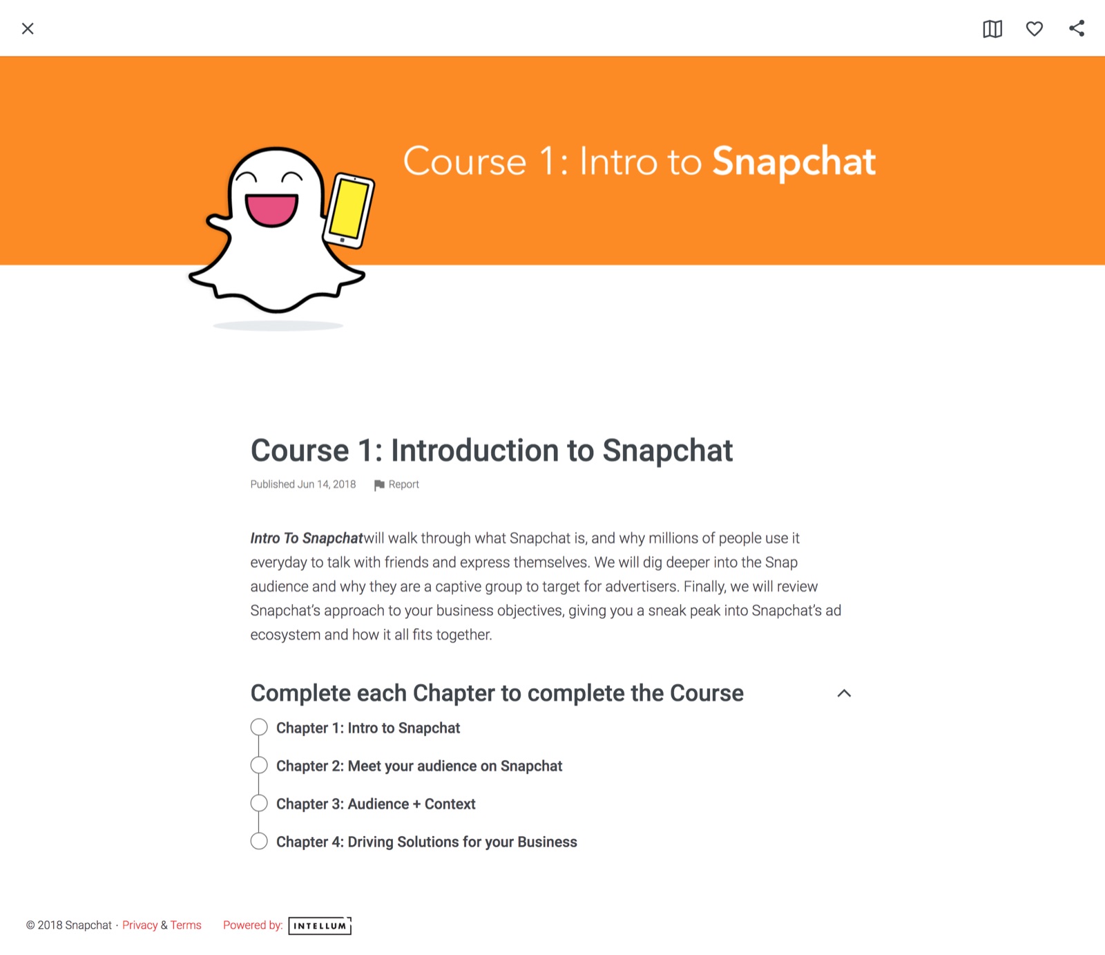 Snapchat Course 1: Introduction to Snapchat outline