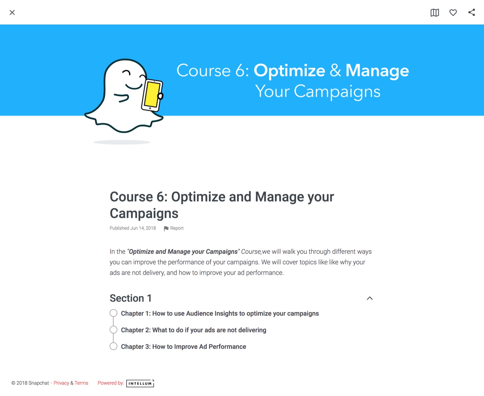 Snapchat Course 6: Optimize and Manage Your Campaigns outline